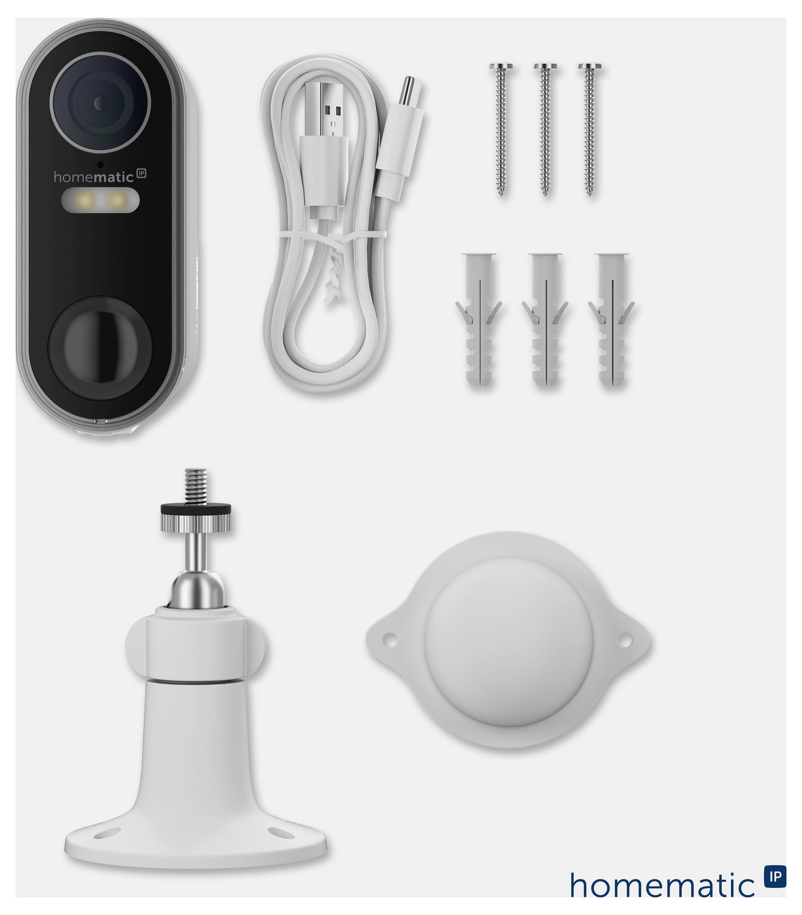 Homematic intelligente Türklingel-Set mit schwarzem Kameragehäuse, Anschlussleitung, Montageschrauben und Dübeln, sowie Winkelhalter und runder Abdeckplatte.