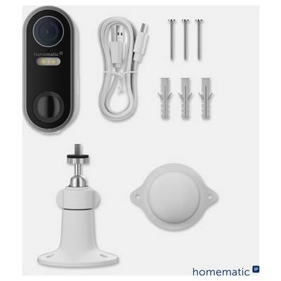 Homematic intelligente Türklingel-Set mit schwarzem Kameragehäuse, Anschlussleitung, Montageschrauben und Dübeln, sowie Winkelhalter und runder Abdeckplatte.