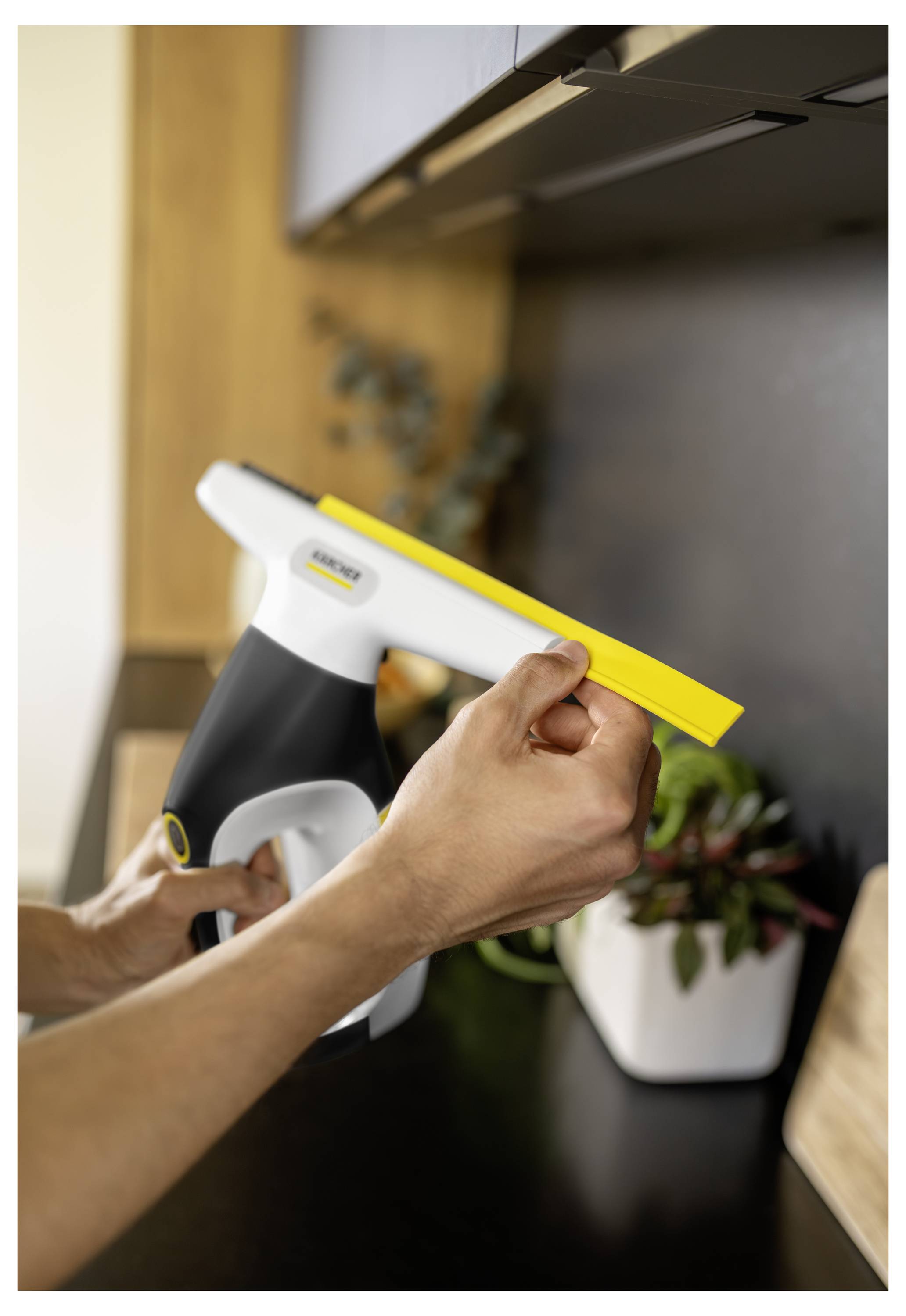 Eine Person reinigt eine Küchenoberfläche mit einem Spray-Fensterabzieher in der Nähe einer Topfpflanze und von Schränken.