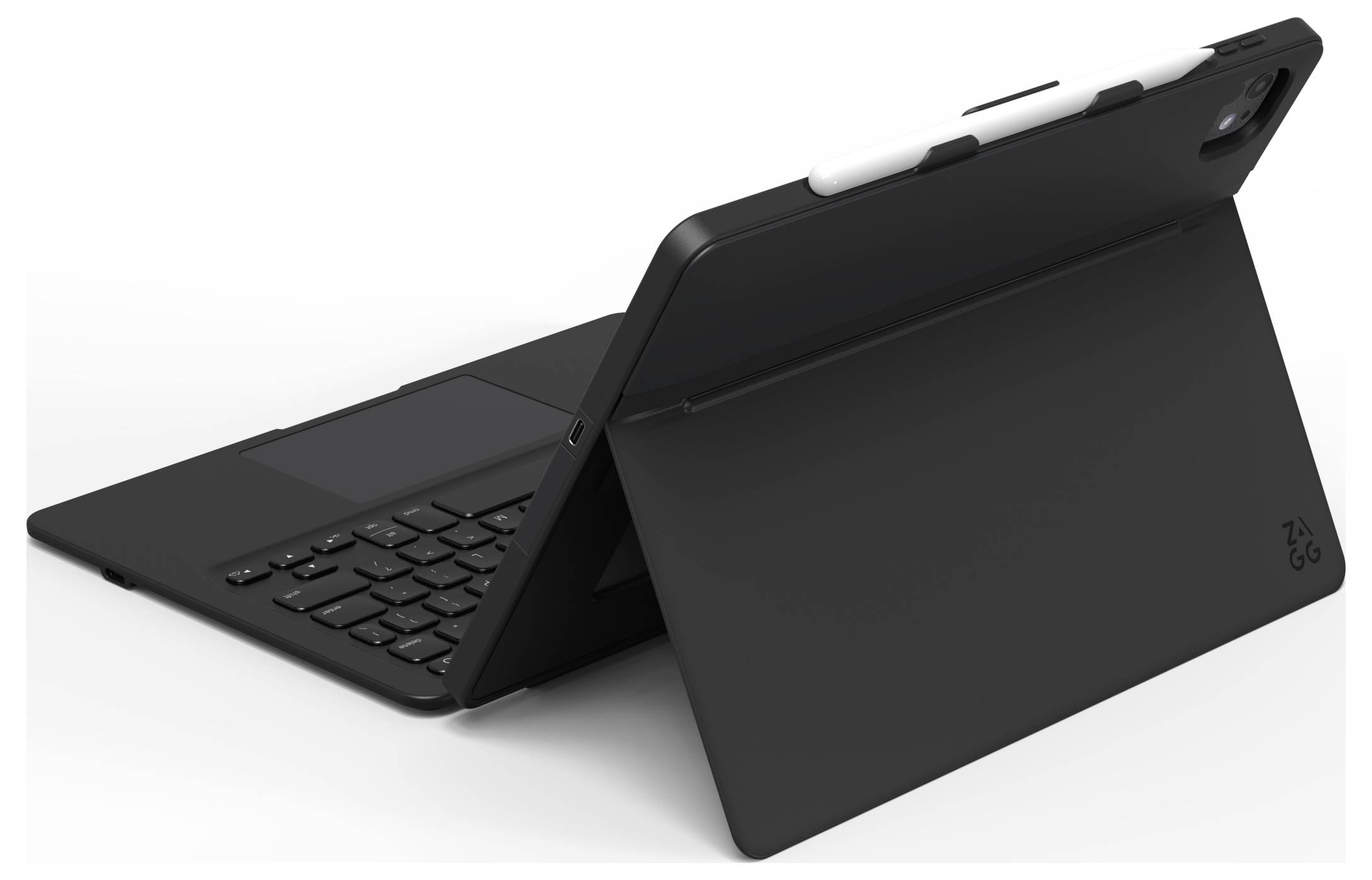 Schwarzes Tablet-Case mit abnehmbarer Tastatur, aufgeklappt in Ständerposition auf weißem Hintergrund.