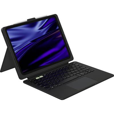Schwarzes Tablet mit abnehmbarer Tastatur und klappbarem Ständer, aufgeklappt in einem Winkel auf weißem Hintergrund dargestellt.