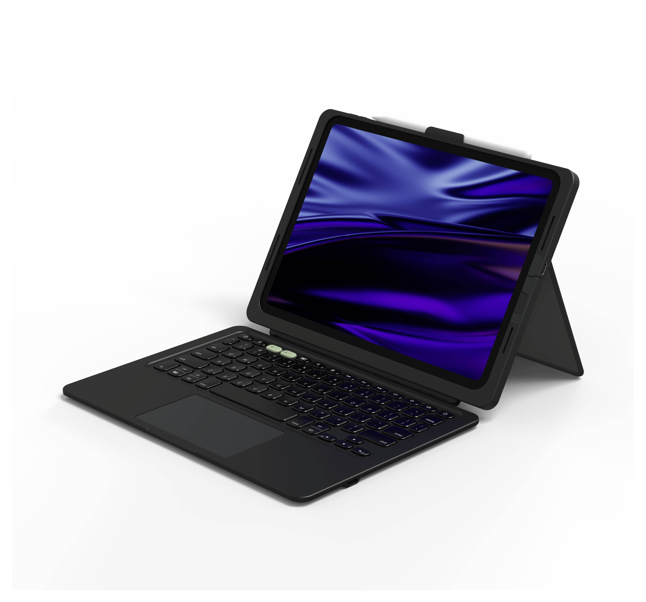 Ein Tablet in einer Tastaturhülle, das aufgeklappt wie ein Laptop dargestellt ist, mit einem blauen abstrakten Bildschirm auf weißem Hintergrund.