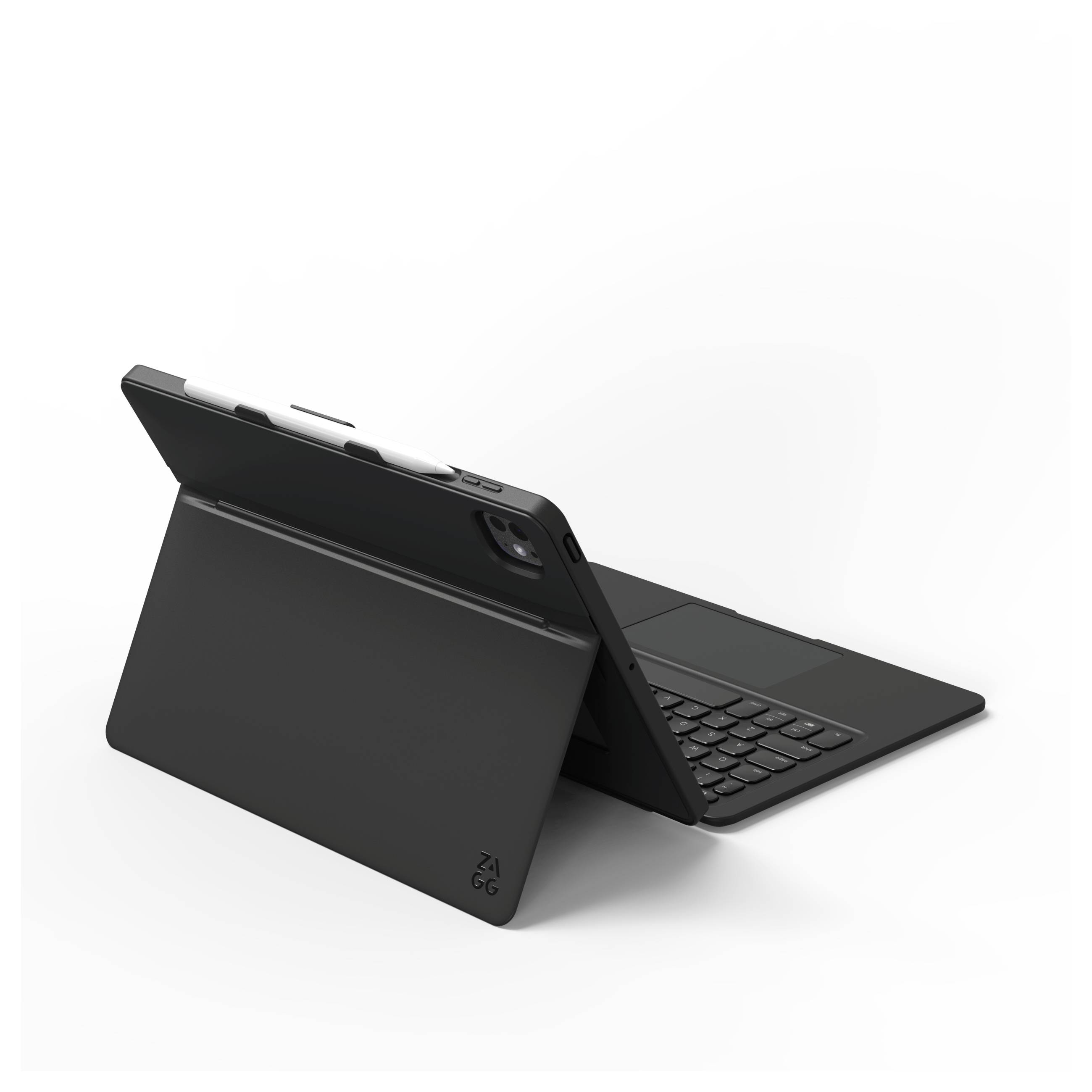 Schwarzes Tablet in einer Schutzhülle mit klappbarer Tastatur, in Seitenansicht mit geöffneter Tastatur auf weißem Hintergrund.