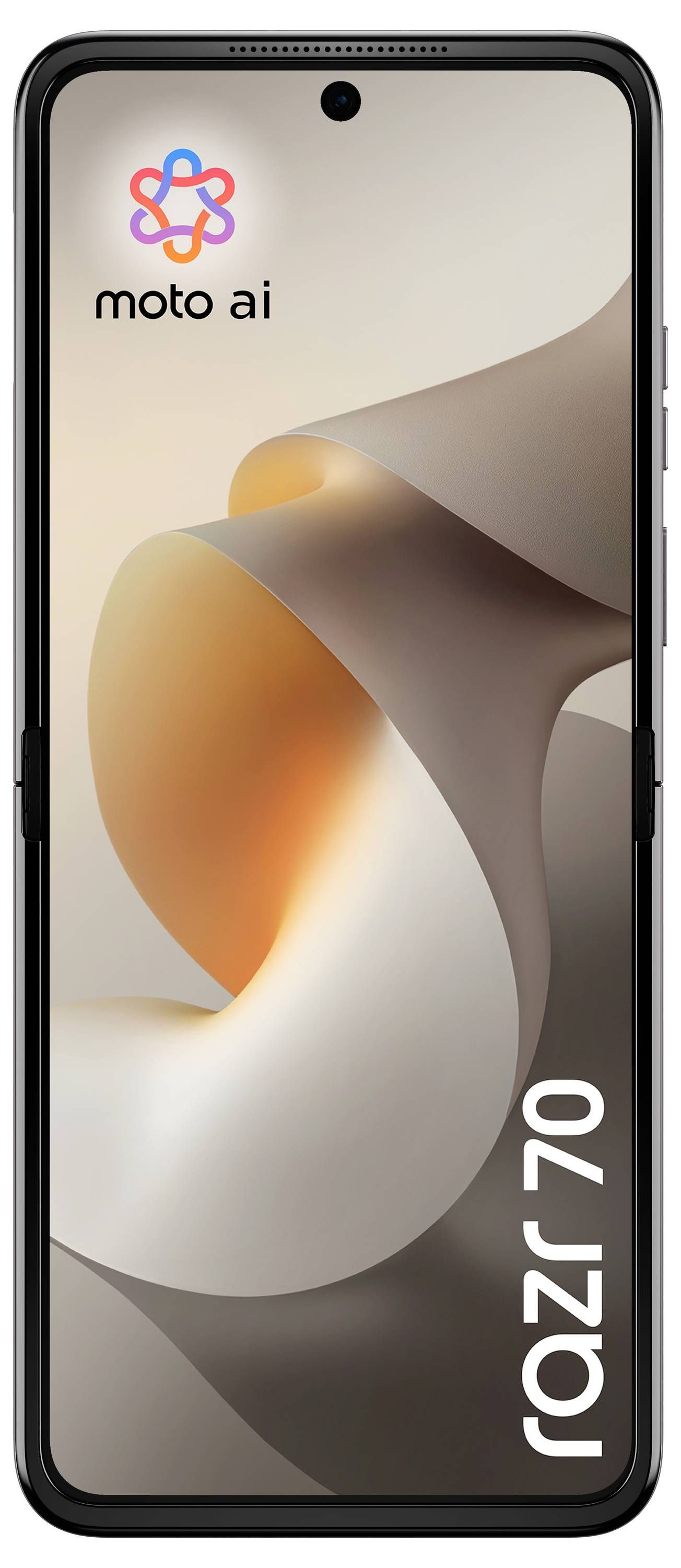 Motorola Moto AI Smartphone Vorderansicht mit abstraktem orange und beige Wirbel-Hintergrundbild mit "moto ai" Logo oben und "razr 70" Text an der Seite.