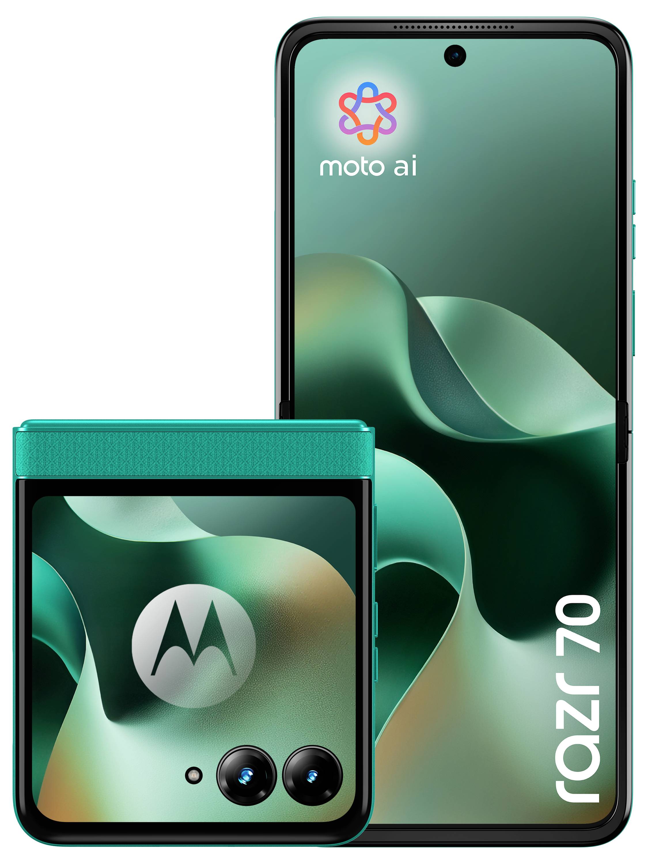 Zwei Motorola Razr Handys, eines offen mit dem 'moto ai' Startbildschirm und eines geschlossen mit dualen Rückfahrkameras und externem Display.