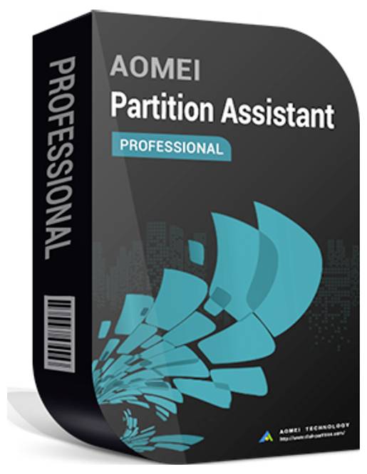 Softwarepaket für AOMEI Partition Assistant Professional, das den Produktnamen und eine türkisfarbene abstrakte Grafik auf einer schwarzen Verpackung zeigt.