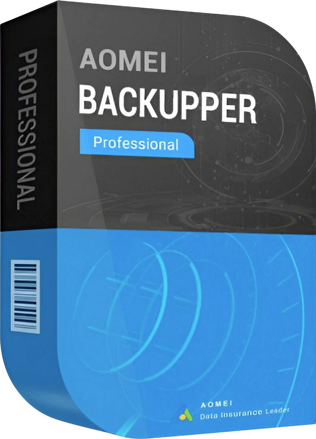 AOMEI Backupper Professional Softwarebox, schwarz-blaue Verpackung mit großem Produktnamen und „Professional"-Etikett.