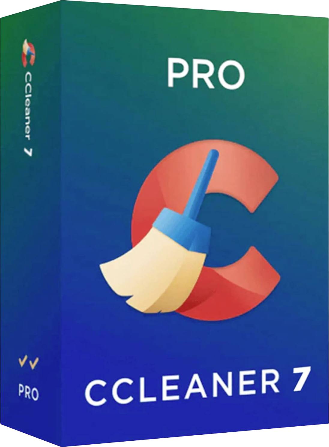 CCleaner 7 Pro Softwarepackung mit großem rotem C und Besensymbol auf blaugrünem Farbverlaufshintergrund.