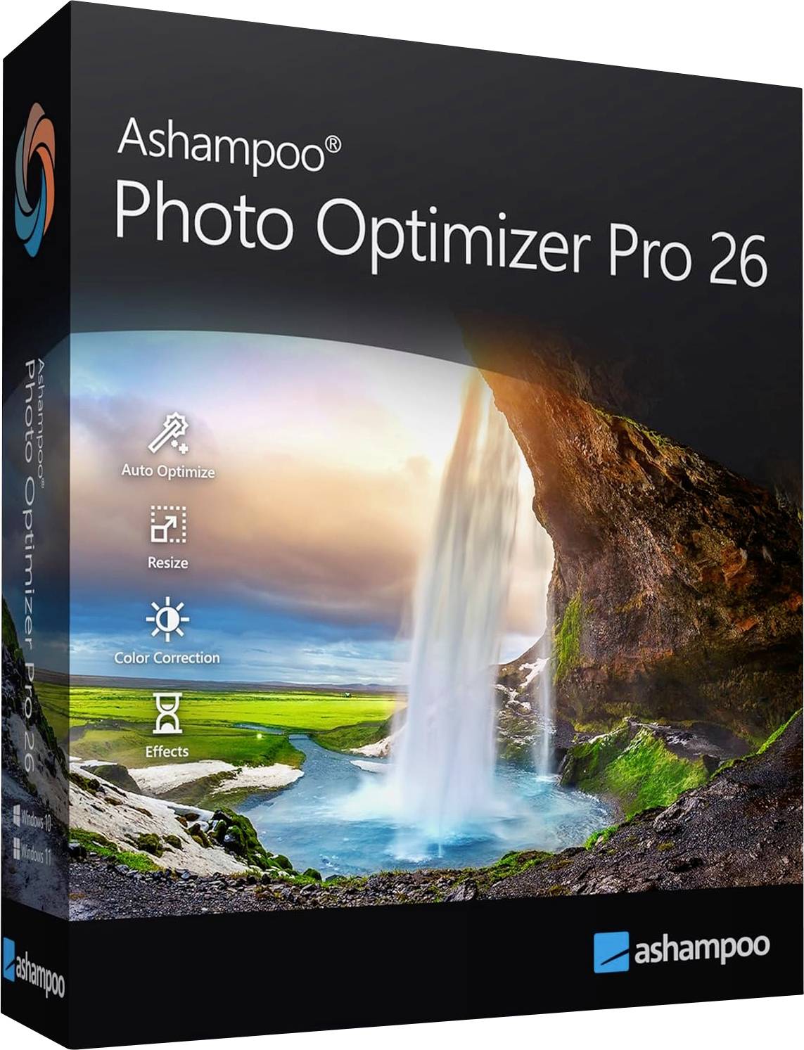Schachtteldeckel für „Ashampoo Photo Optimizer Pro 26" mit einer Wasserfalllandschaft und Symbolen für Auto-Optimierung, Größenänderung, Farbkorrektur und Effekte.