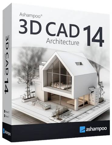 Verpackungskunstwerk für "Ashampoo 3D CAD 14 Architecture" mit einem modernen Hausmodell und dem Produktnamen auf der Softwarepackung.