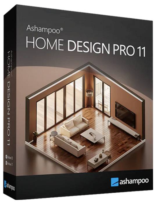 Ashampoo Home Design Pro 11 Softwareverpackung mit einem 3D-gerenderten modernen Wohnzimmerinnenraum.