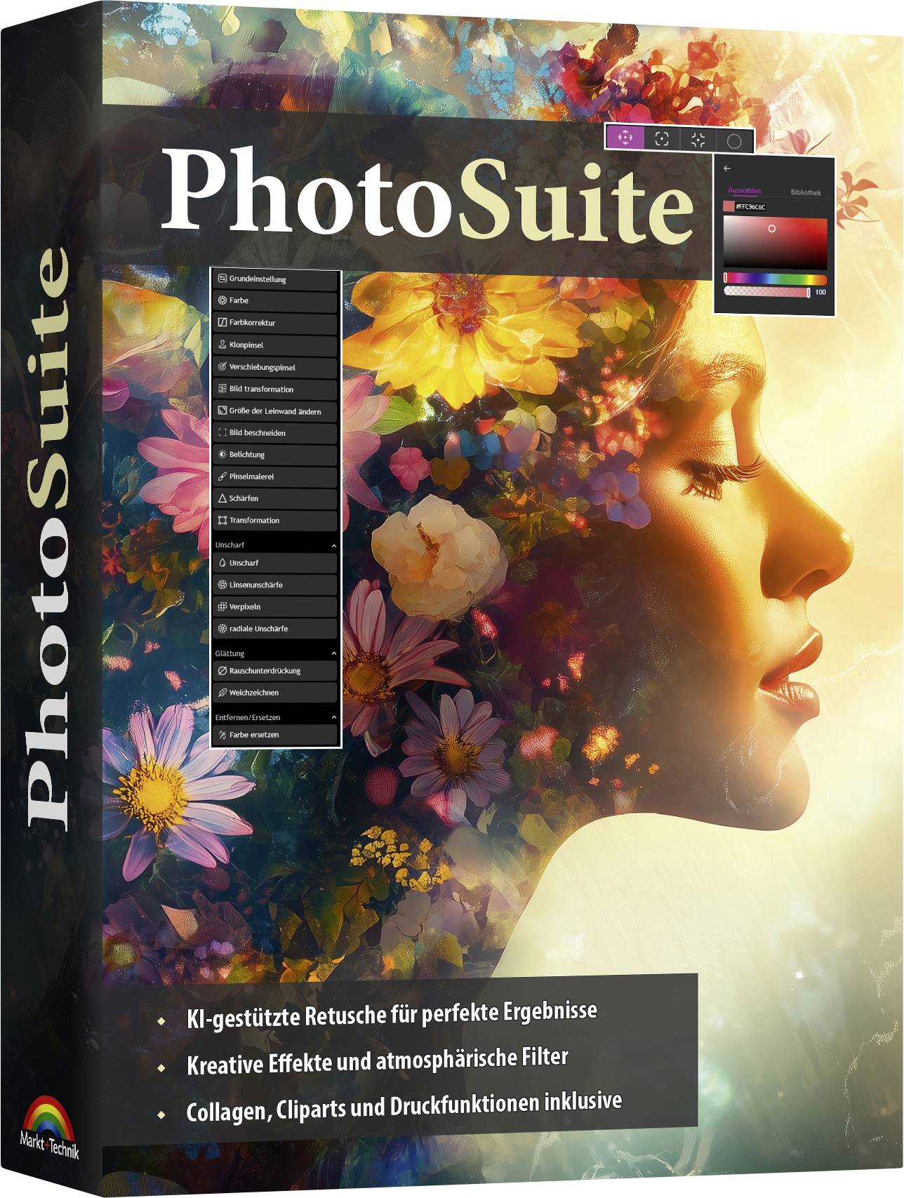 Softwarepackung für PhotoSuite zeigt das Profilbild einer Frau, gefüllt mit Blumen; Features umfassen KI-Retuschierung, kreative Effekte, Collagen, Clipart und Druckwerkzeuge.
