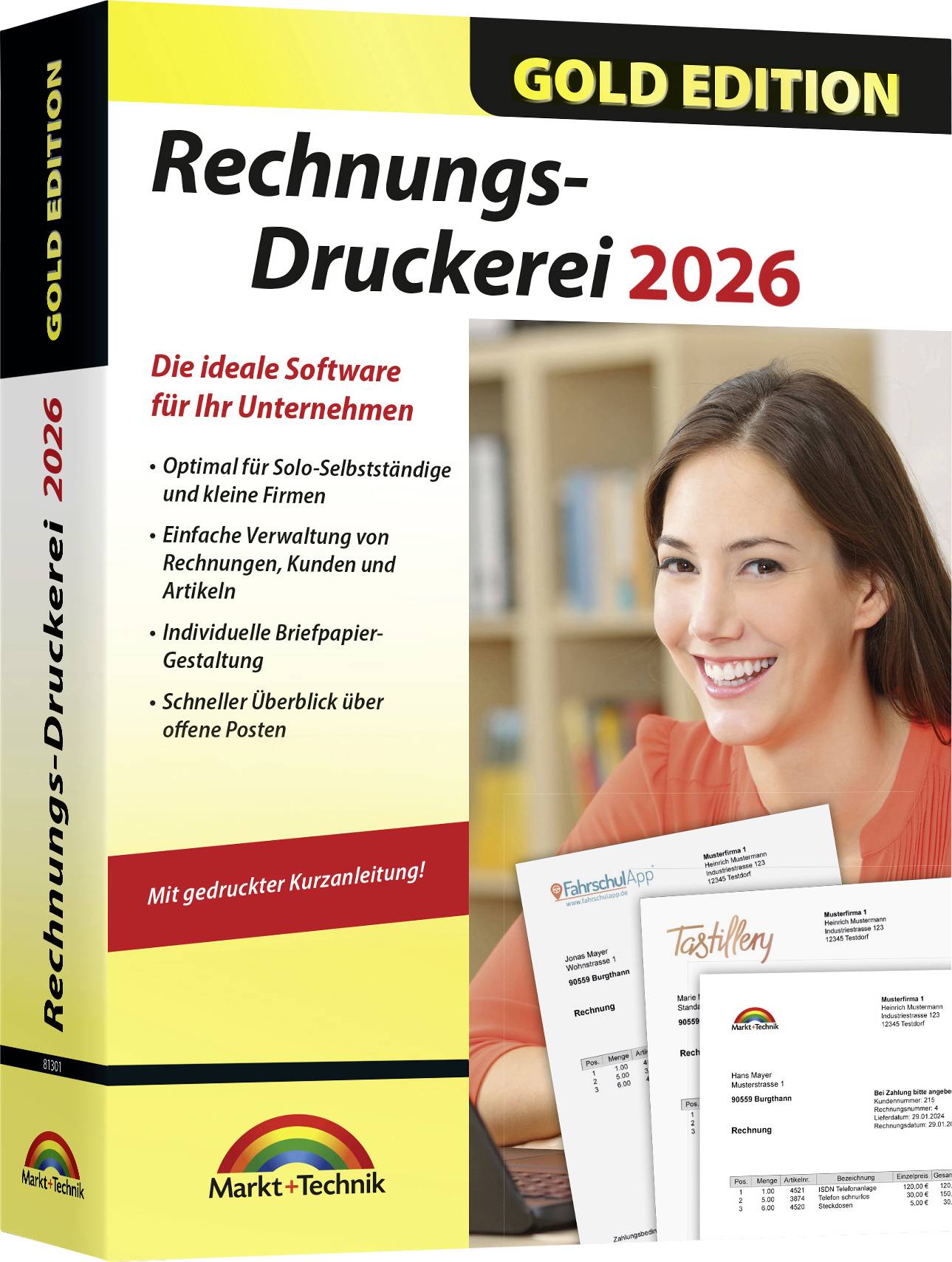 Softwarepaket-Verpackung für „Rechnungs-Druckerei 2026" Gold Edition mit einer lächelnden Frau und Beispielrechnungen; wirbt für Geschäftsbuchhaltungs- und Rechnungsdrucksoftware.
