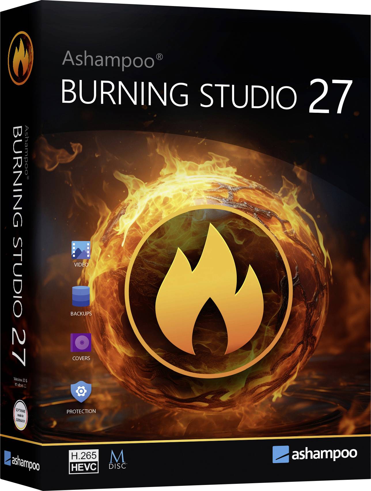 Ashampoo Burning Studio 27 Softwareverpackung mit einer brennenden Disc und Flammenlogo auf schwarzem Hintergrund.