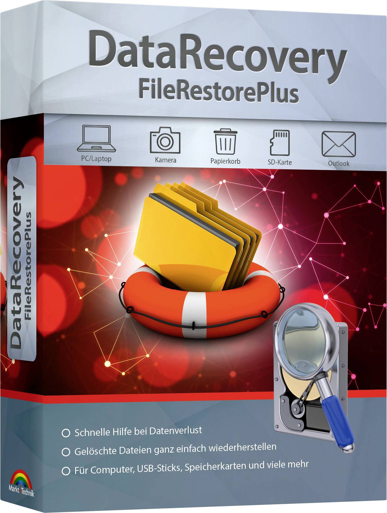 Softwarebox für „DataRecovery FileRestorePlus", mit einem orangefarbenen Rettungsring um einen Ordner und eine Festplatte mit einer Lupe, mit Symbolen für Laptop-, Kamera-, Papierkorb-, SD-Karten- und E-Mail-Wiederherstellung.