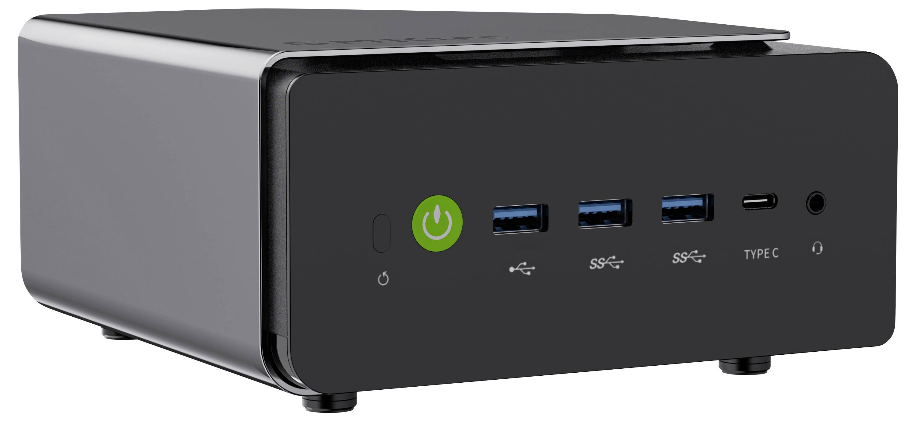 Kompakter schwarzer Mini-PC mit Stromschalter, drei USB-A-Anschlüssen, einem USB-C-Anschluss und Audiobuchse auf der Frontplatte