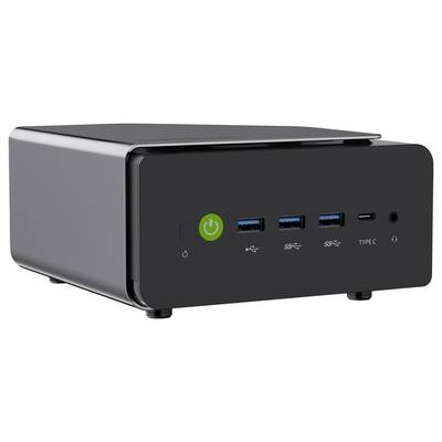 Kompakter schwarzer Mini-PC mit Stromschalter, drei USB-A-Anschlüssen, einem USB-C-Anschluss und Audiobuchse auf der Frontplatte