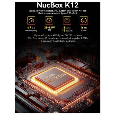 Werbegrafikfür NucBox K12 mit AMD Ryzen 7 H 255 CPU: 4,9 GHz maximal, 35-54W TDP, 8 Kerne/16 Threads, 16MB Cache.