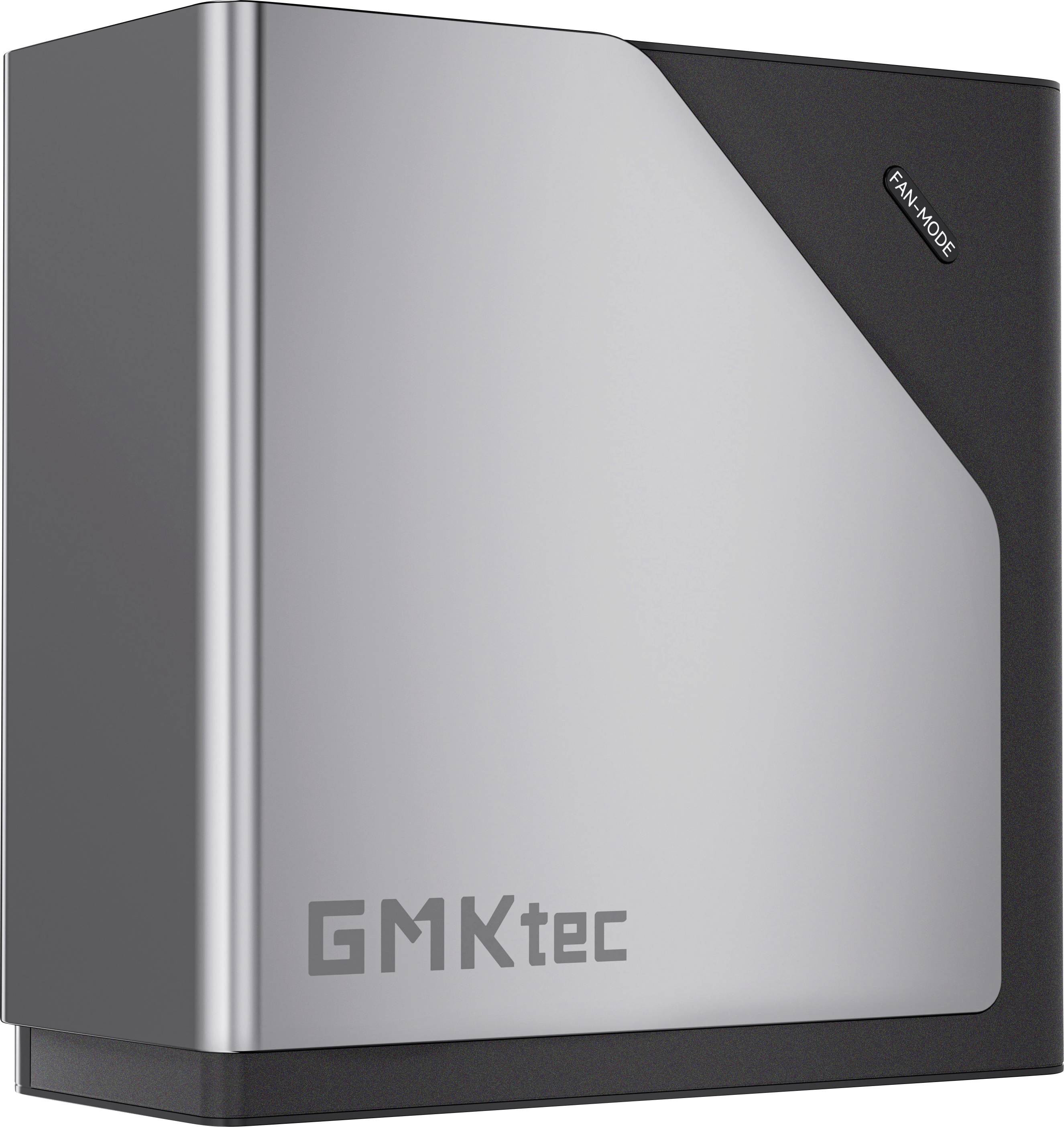 Kompakter GMKtec Mini-PC-Gehäuse in Grau und Schwarz mit der Bezeichnung „FAN MODE" und GMKtec-Logo auf der Vorderseite.