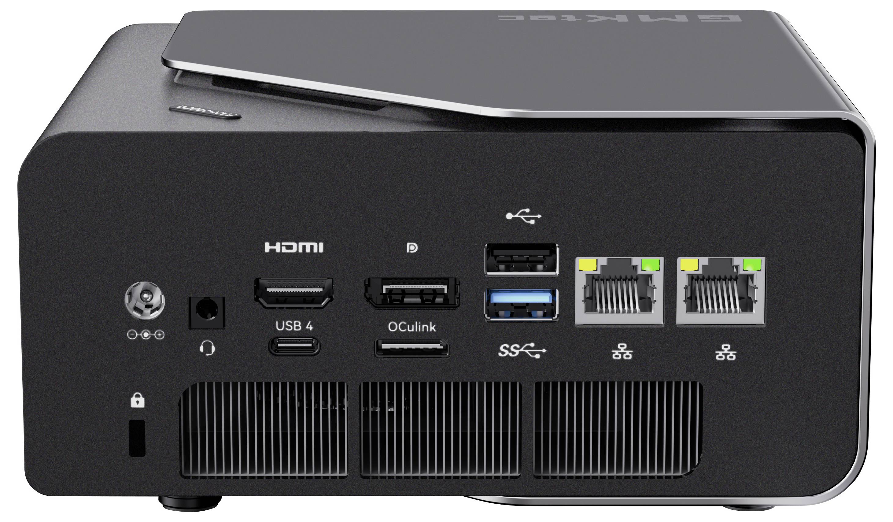 Rückansicht eines kompakten schwarzen Mini-PCs mit Anschlüssen: HDMI, USB-C, USB-A, Audio, Sperrnut, Dual-Ethernet und Kühlüftungen.