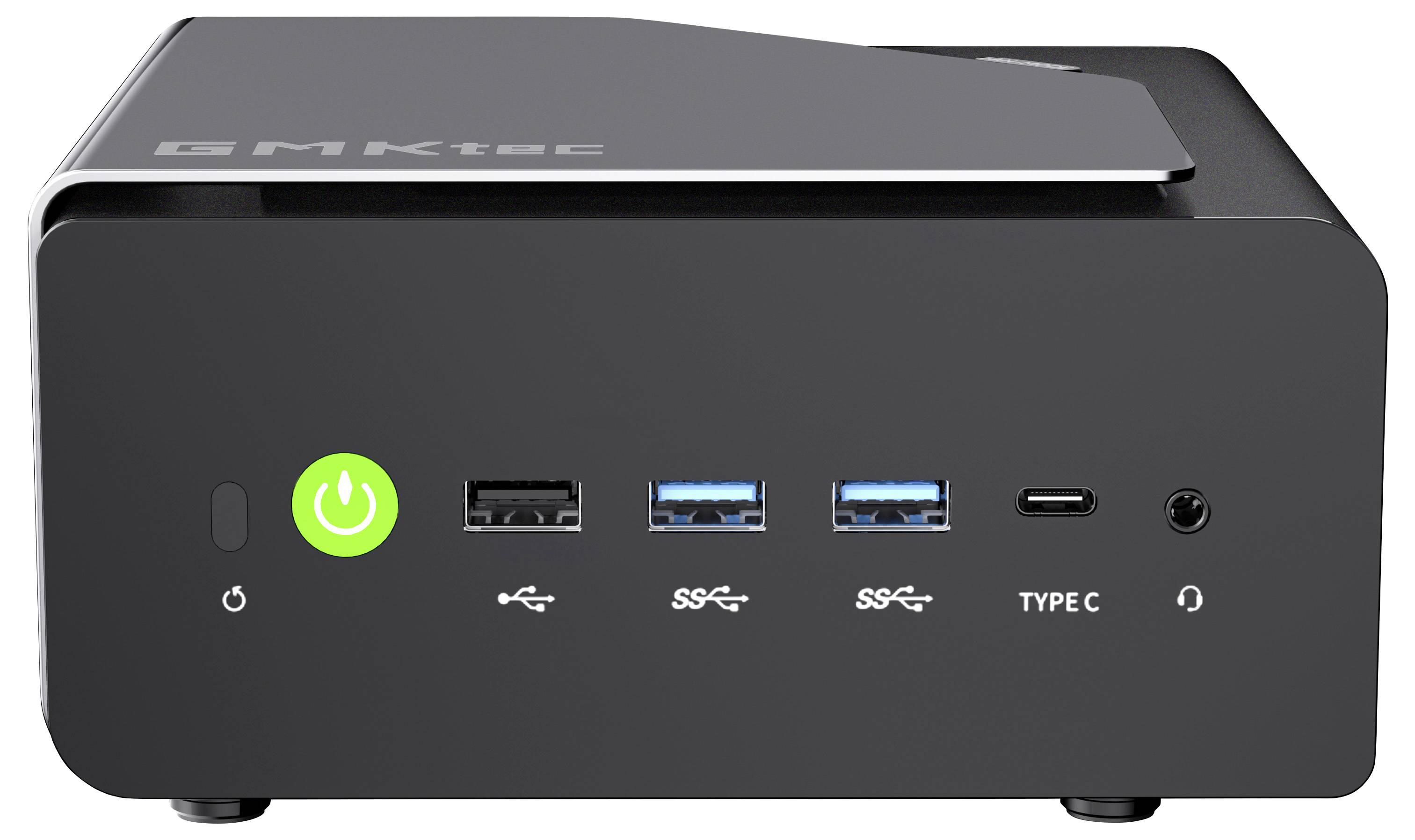Vorderansicht eines kompakten Mini-PCs, der einen Netzschalter, USB-A, zwei USB 3.0-Anschlüsse, einen USB-C-Anschluss und eine Audiobuchse auf der Frontplatte zeigt.