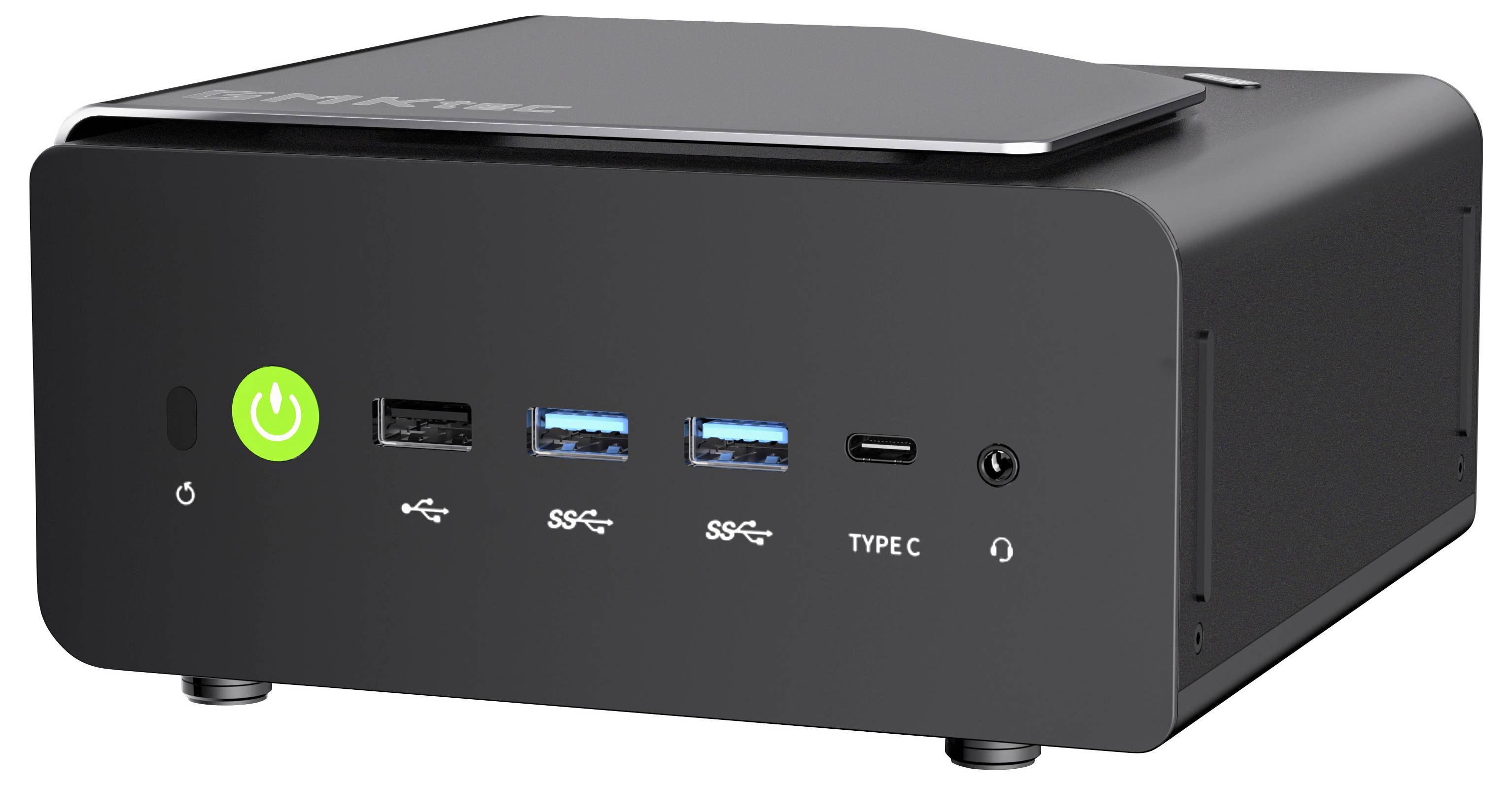 Schwarzer Mini-Desktop-PC mit Vorderseite-Stromschalter, USB-A- und USB-C-Anschlüssen sowie Audiobuchse