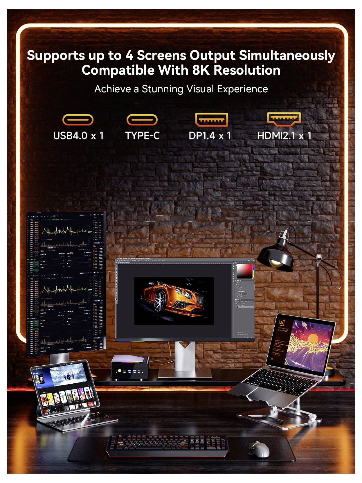 Werbegrafik für eine Dockingstation mit Unterstützung für bis zu 4 Bildschirme und 8K-Ausgabe, mit USB4-, USB-C-, DP1.4- und HDMI2.1-Anschlüssen, die oben über verbundenen Monitoren und Laptops angezeigt werden.