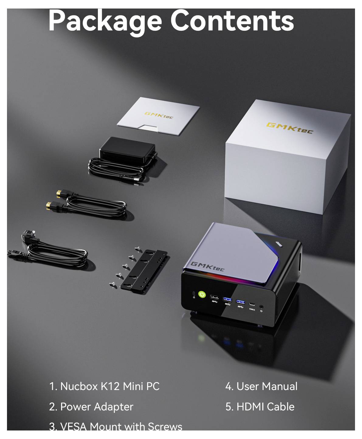 Paketinhalt-Anzeige für den Nucbox K12 Mini-PC, die den Mini-PC, das Netzteil, die VESA-Halterung mit Schrauben, die Bedienungsanleitung und das HDMI-Kabel zeigt.