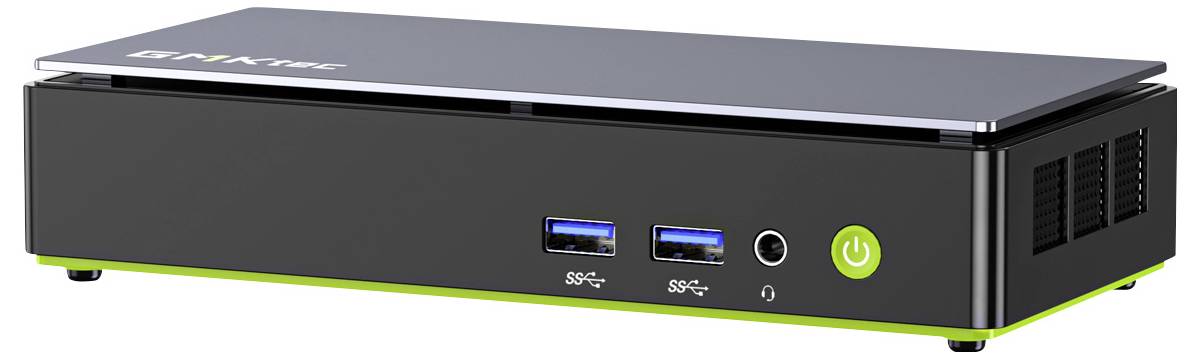 Kompakter schwarzer Mediaplayer/Mini-PC mit glänzender Oberseite, vorderen USB-Anschlüssen, Kopfhörerbuchse und grünem Netzschalter