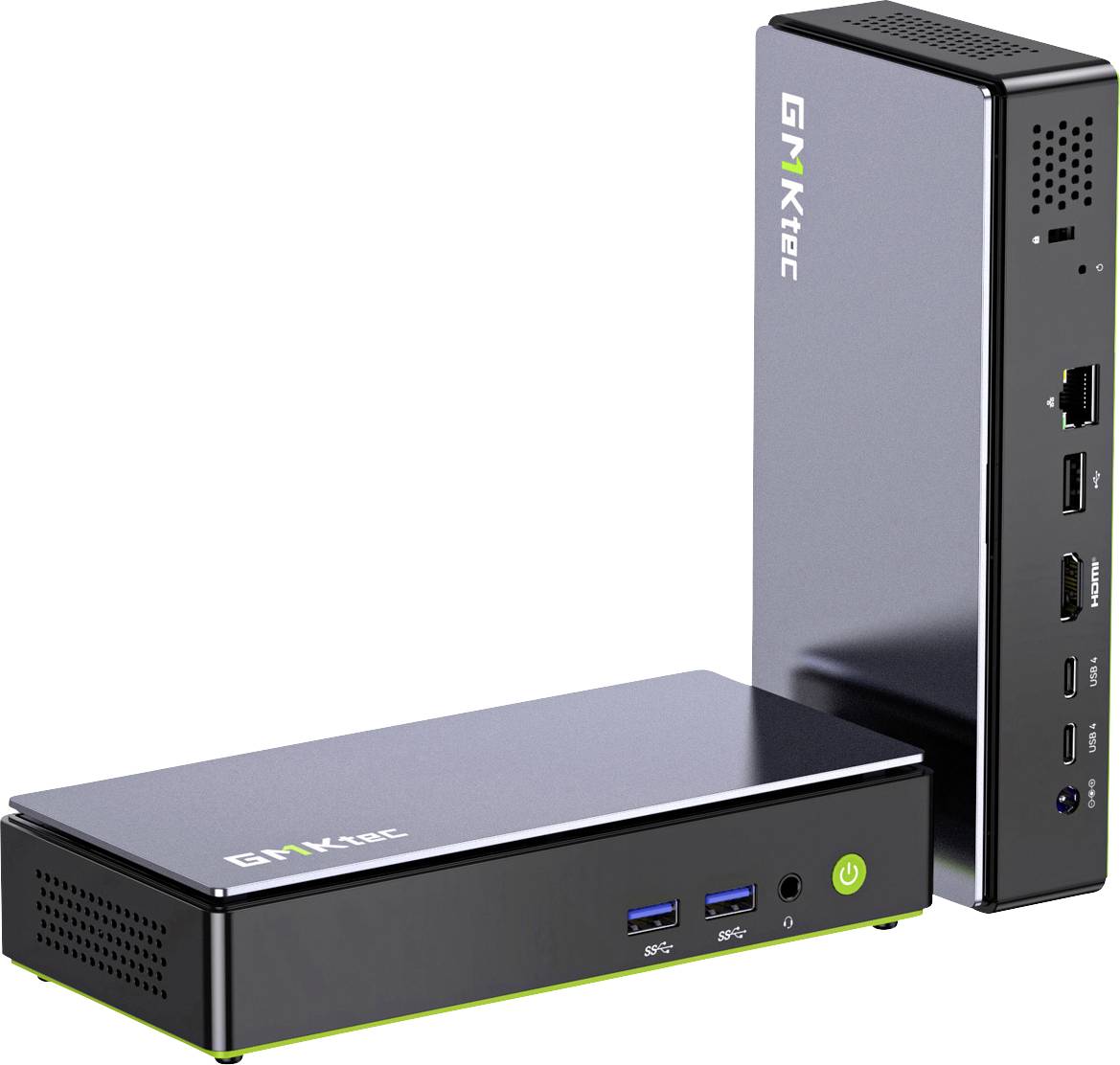 Zwei schwarze GNRKtec Mini-PCs, einer aufrecht und einer horizontal, mit USB-Anschlüssen, Ethernet, Audiobuchsen und Einschaltknopf auf weißem Hintergrund.