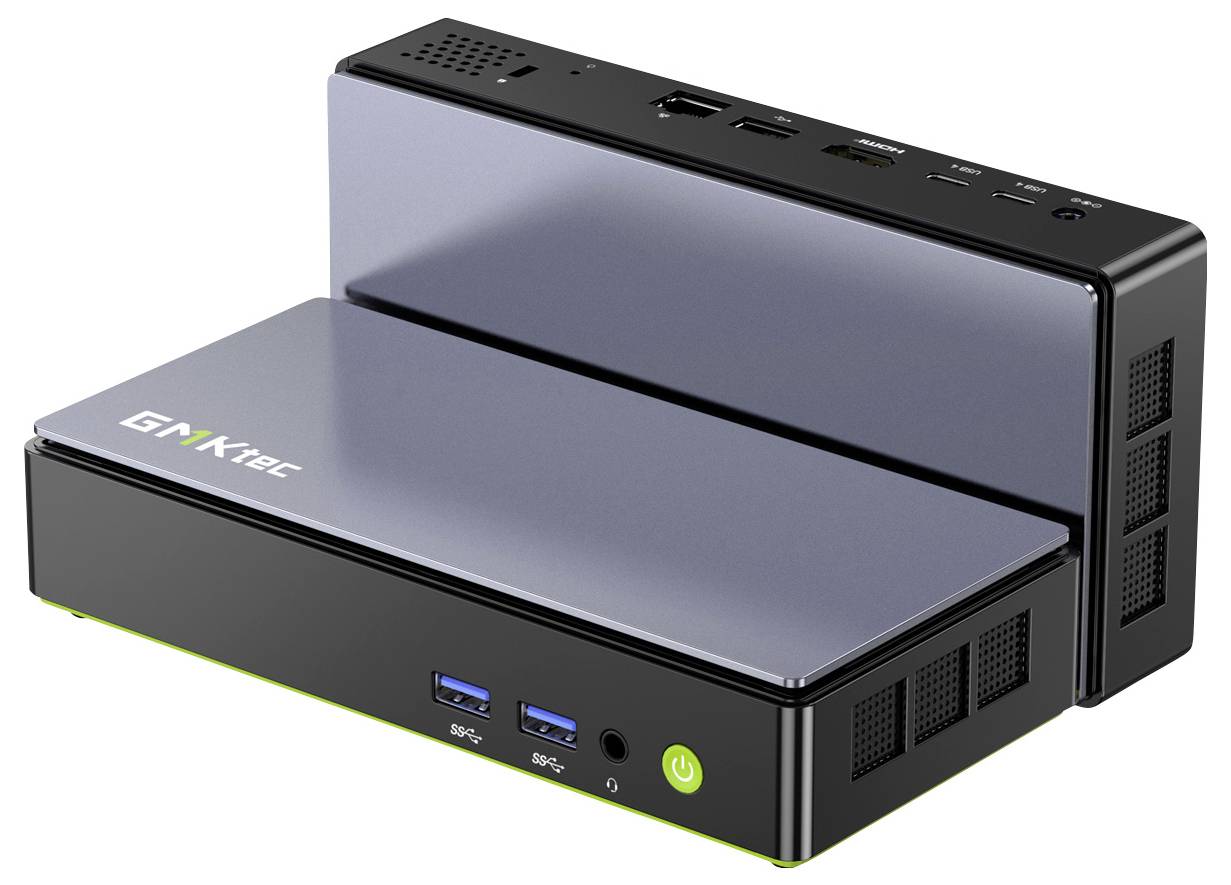 Zwei kompakte GEEKTEC Mini-PCs, übereinander gestapelt auf weißem Hintergrund, zeigen vordere USB-Anschlüsse, Stromschalter und rückwärtige Konnektivität.