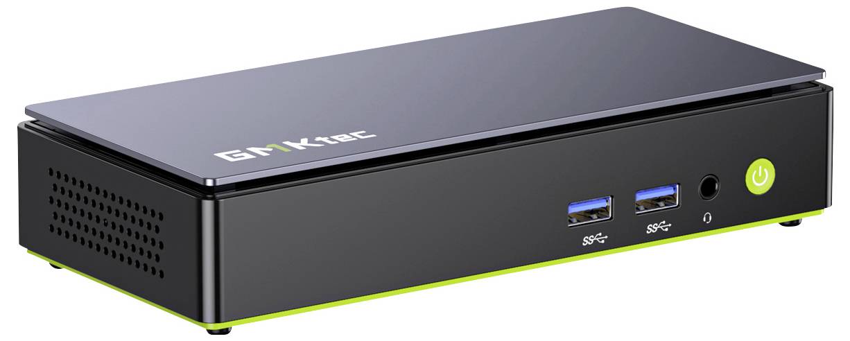 Schwarzer BrtCec Mini-PC mit grünem Akzent, gezeigt in angewinkelter Vorderansicht mit zwei USB-3.0-Anschlüssen, Audiobuchse und Ein-/Aus-Knopf.