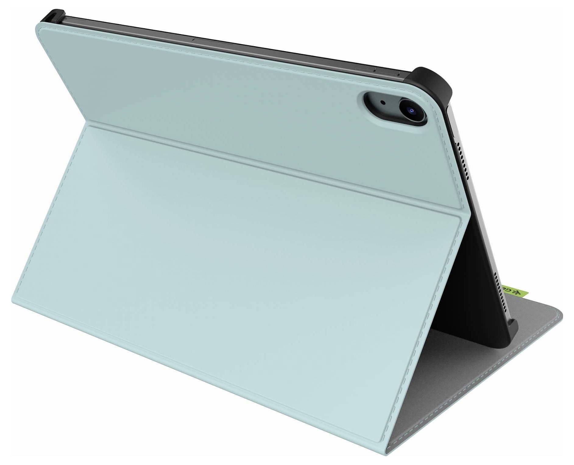 Ein hellblaues Tablet in einem klappbaren Schutzetui, von hinten in einem Winkel fotografiert, mit sichtbarer Kamera.