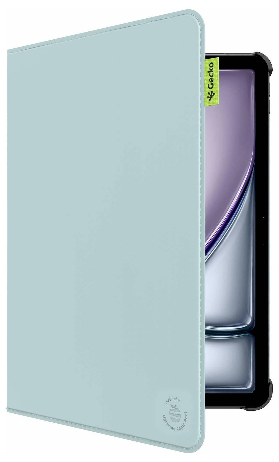 Hellblaue Tablet-Folio-Hülle mit einem teilweise eingeführten Samsung-Tablet, das die Bildschirmkante und einen grünen „Gecko"-Reiter zeigt.