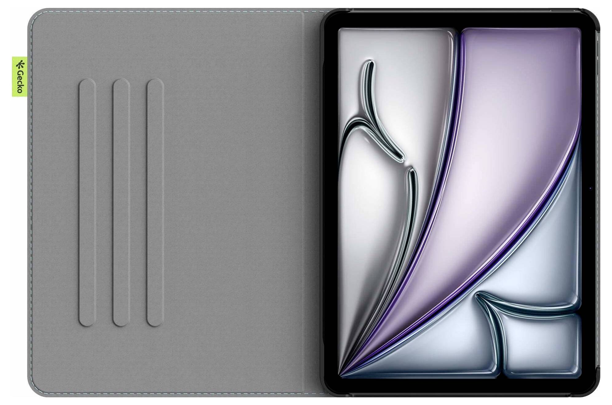 Ein offenes graues Folioetui hält ein Tablet mit einem abstrakt gemusterten Bildschirm in Violett und Silber, wahrscheinlich eine Schutzabdeckung für ein Tablet.
