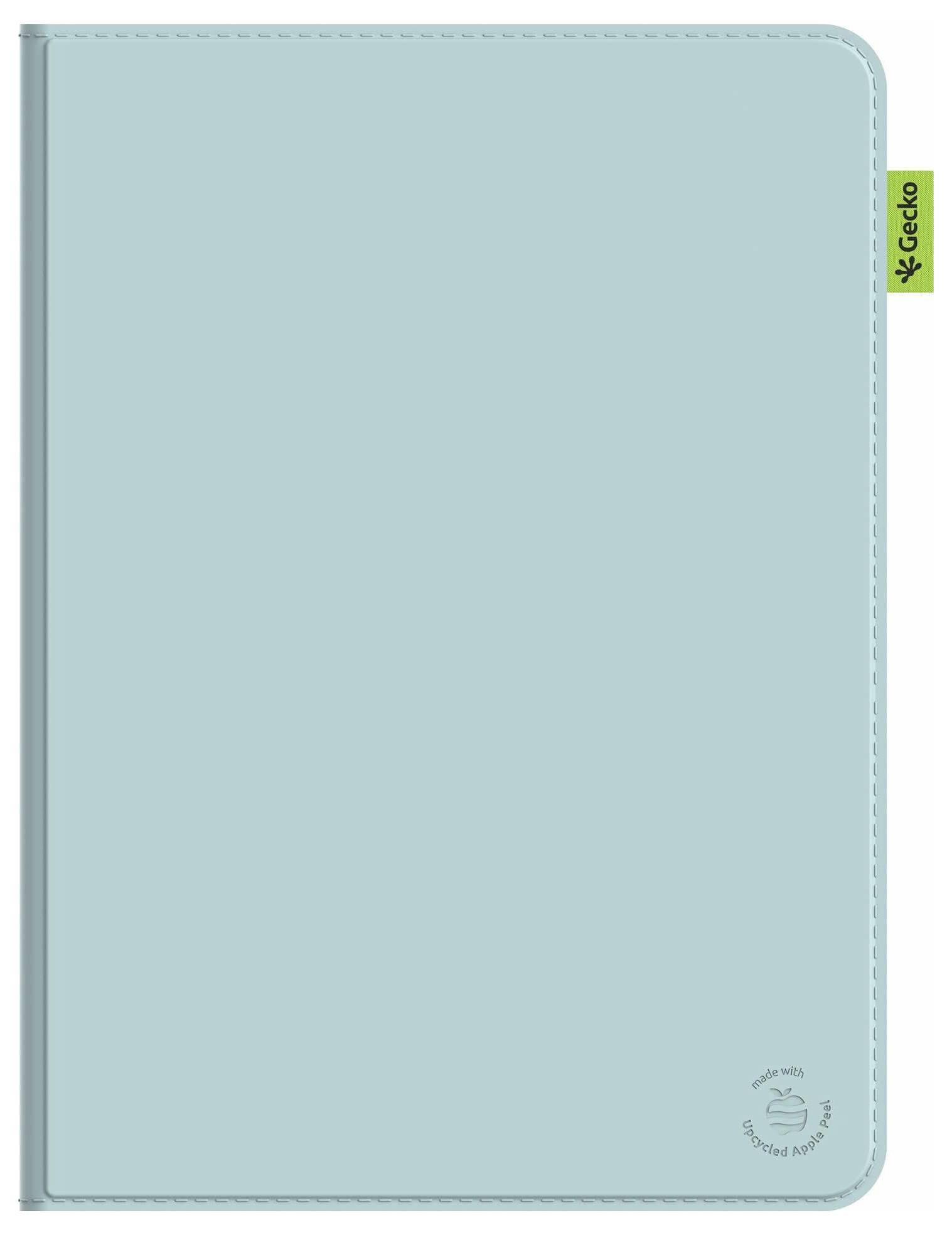 Hellblauer Notizbuch- oder Plannerabdeckung mit Reißverschluss, abgerundeten Ecken und einem kleinen grünen Gecko-Anhänger an der rechten Kante.
