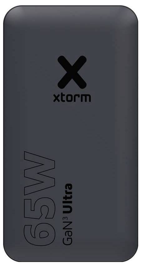 Dunkelgraue Xtorm Powerbank mit der Bezeichnung "65W GaN³ Ultra" und großem X-Logo auf der Vorderseite.
