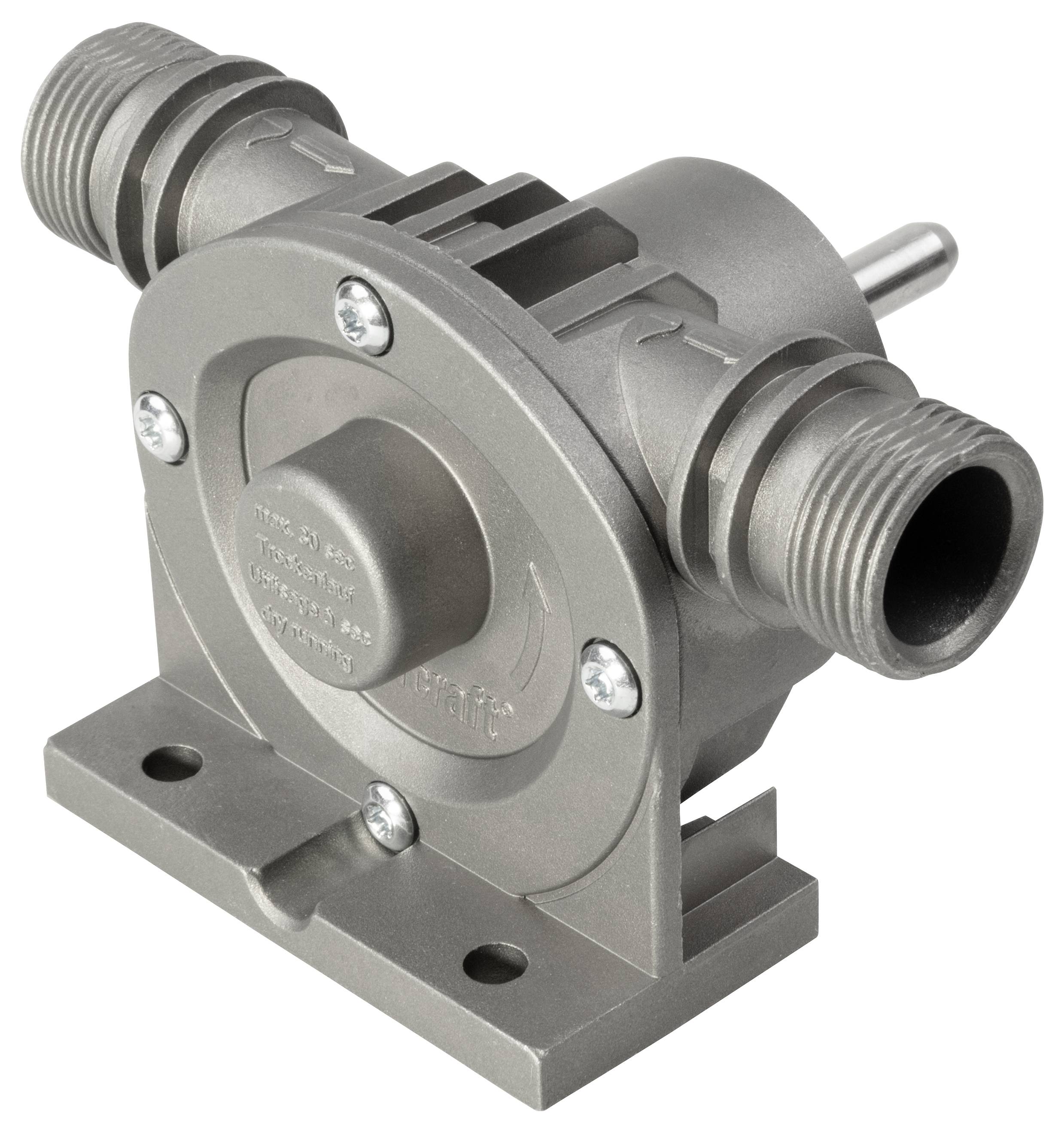 Eine graue Metallpumpen- oder Ventilbaugruppe mit Gewinde-Ein- und Ausgangsanschlüssen, montiert auf einer Halterung auf weißem Hintergrund.