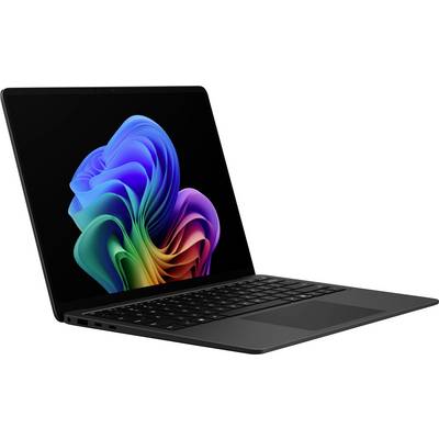 Schwarzer Laptop mit buntem abstraktem Blumenmotiv auf dem Bildschirm, schräg geöffnet auf weißem Hintergrund gezeigt.