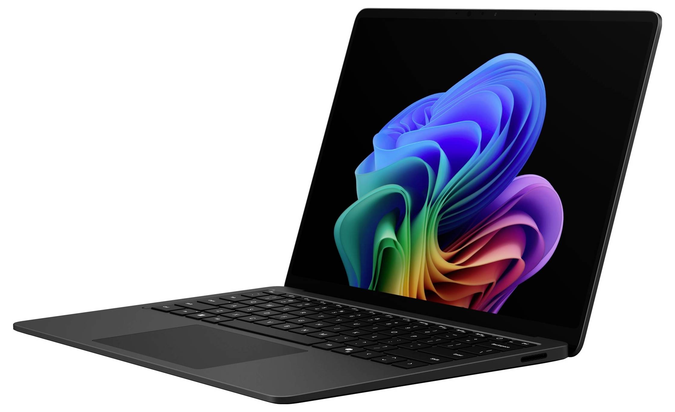 Ein schwarzer Laptop, der in einem Winkel geöffnet ist und auf dem Bildschirm ein farbenfrohe abstrakte blumenähnliche Tapete angezeigt wird.
