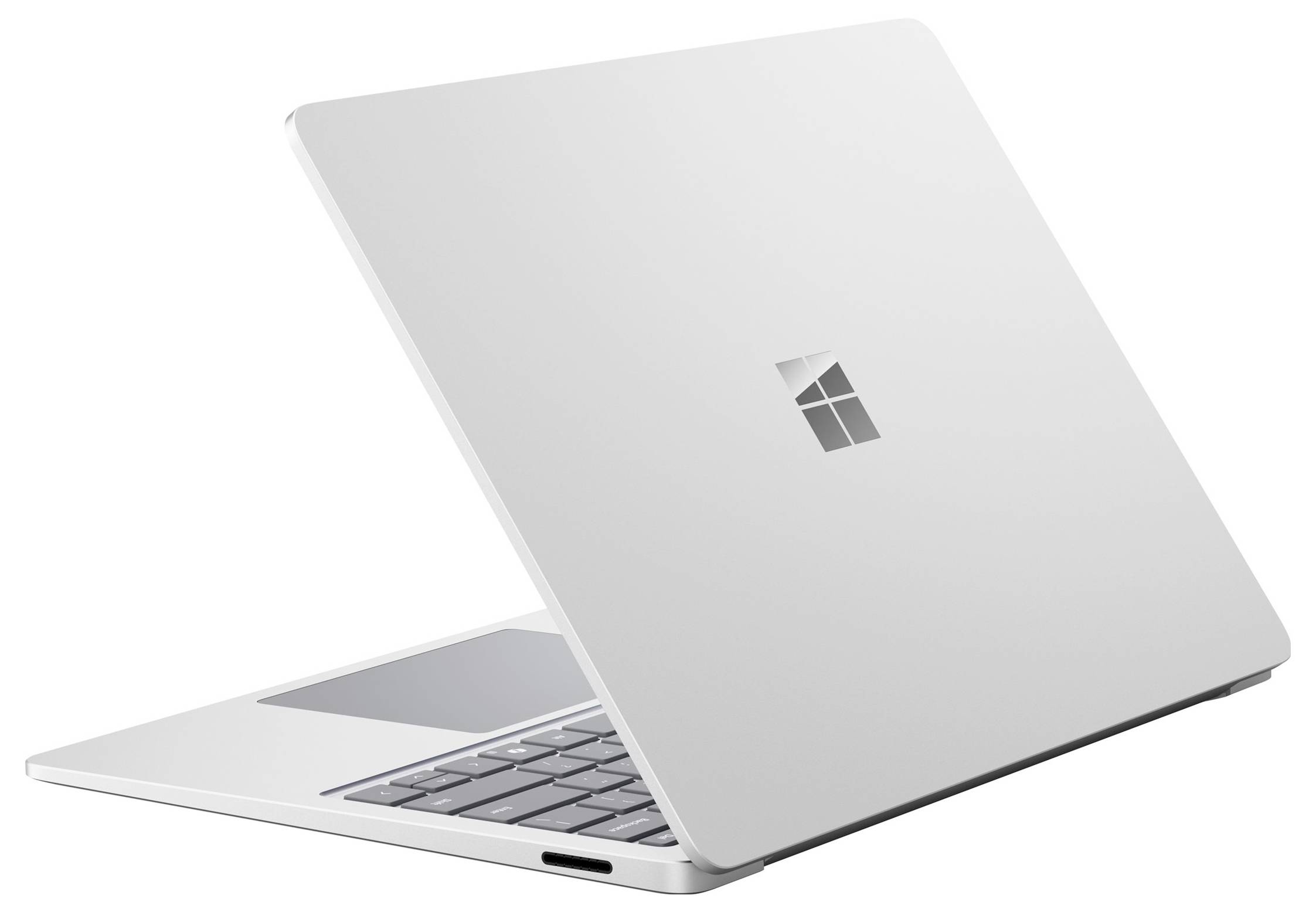 Silberner Microsoft Surface-Laptop teilweise geöffnet, von hinten gezeigt mit sichtbarem Windows-Logo.