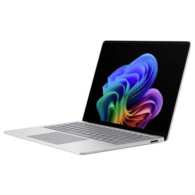 Silberner Laptop mit schwarzem Bildschirm, auf dem eine farbenfrohe abstrakte blumenähnliche Tapete angezeigt wird, in einer Winkelansicht auf weißem Hintergrund.