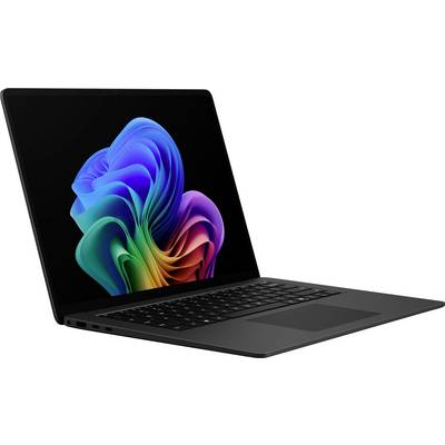 Schwarzer Laptop mit geöffnetem Bildschirm, der eine bunte abstrakte blumenähnliche Tapete auf weißem Hintergrund anzeigt.