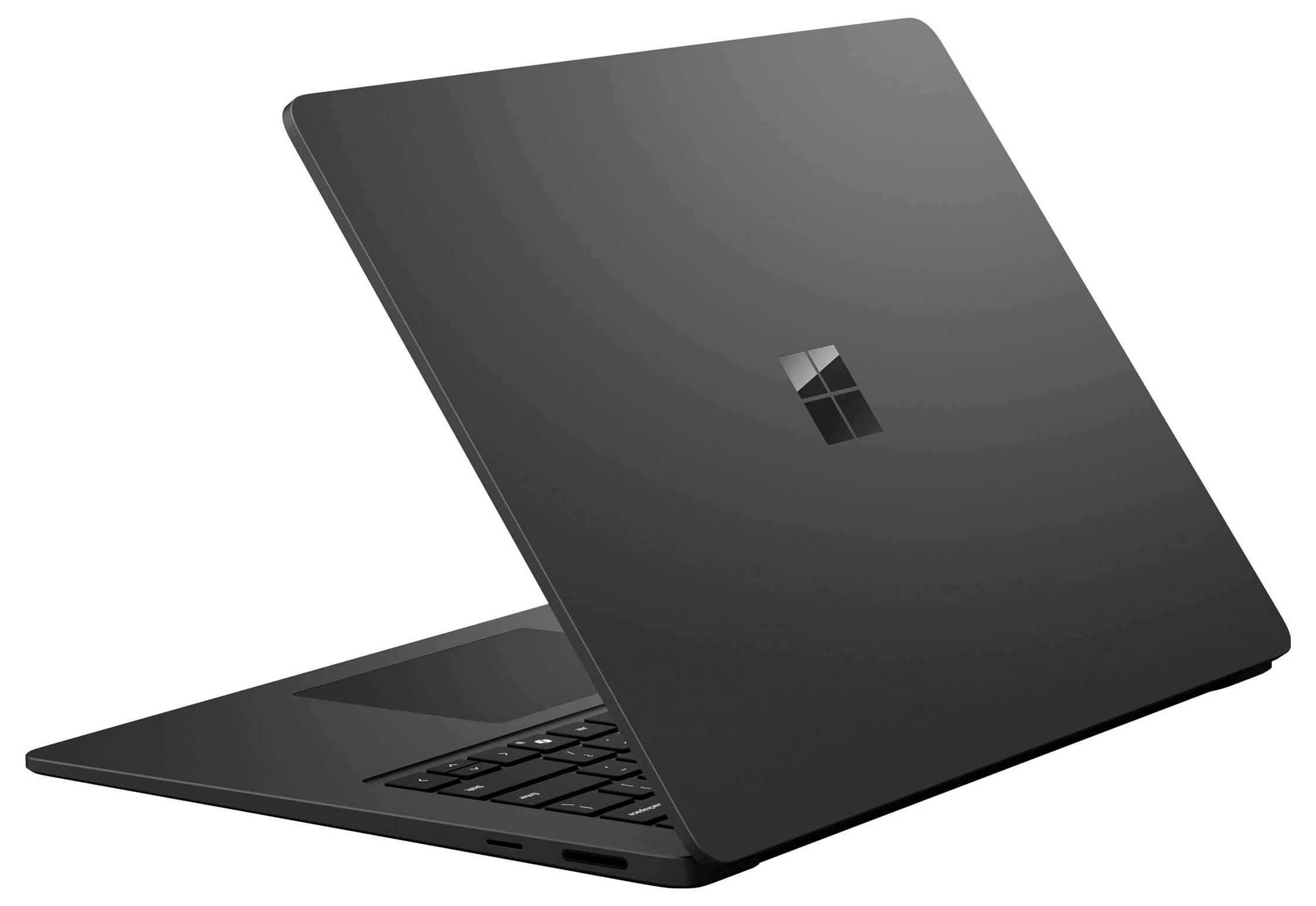 Ein schwarz glänzendes Microsoft Surface-Laptop, das teilweise geöffnet ist und die Rückseite des Bildschirms mit dem Windows-Logo zeigt.