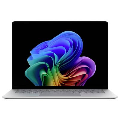 Ein silberner Laptop mit einem schwarzen Bildschirm, auf dem ein farbenfroher abstrakter Wirbel auf dunklem Hintergrund angezeigt wird.