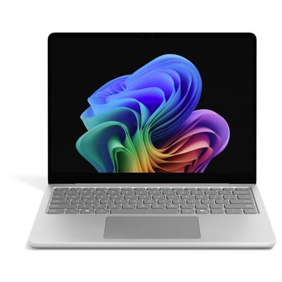 Vorderansicht eines silbernen Laptops mit einer grauen Tastatur und einem farbenfrohen abstrakten Wirbel-Hintergrund auf dem Bildschirm.