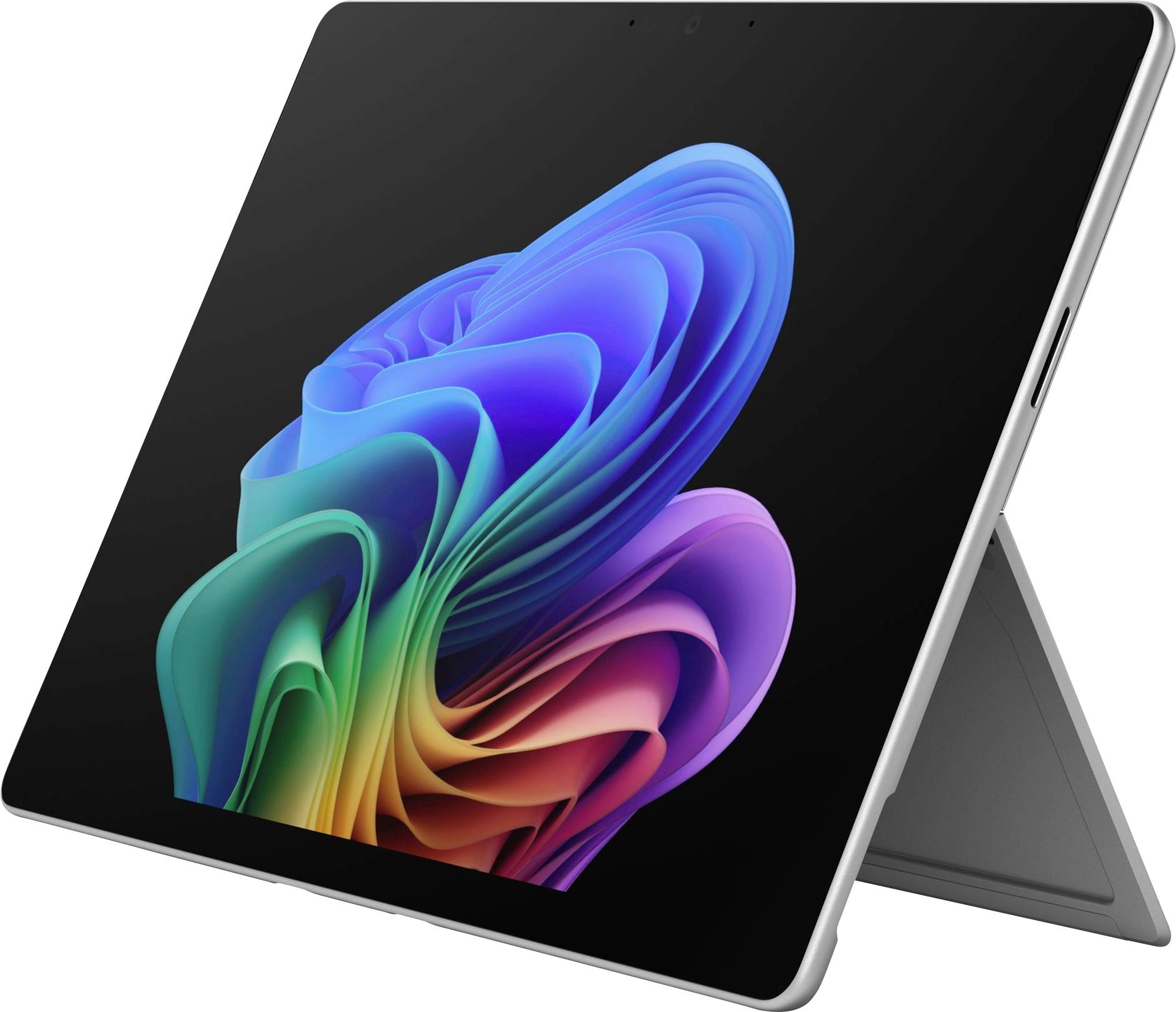 Ein schlankes silbernes 2-in-1-Laptop im Zeltmodus, das einen schwarzen Bildschirm mit farbenfrohem abstraktem Wirbel-Hintergrund zeigt.