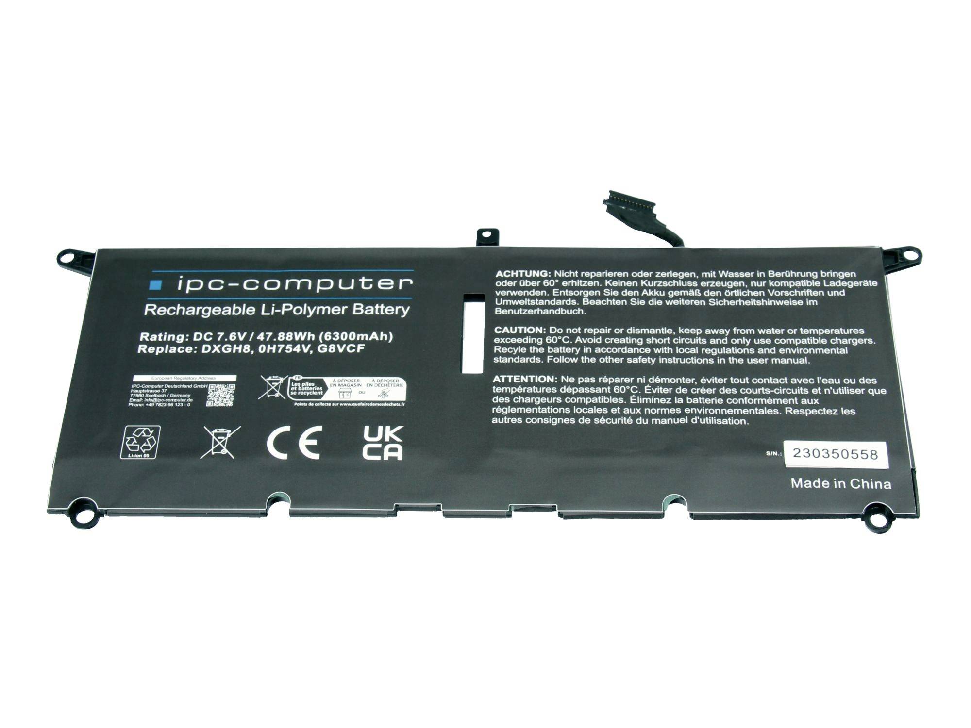Schwarzer Laptop-Ersatzakku mit der Bezeichnung ipc-computer wiederaufladbarer Lithium-Polymer-Akku, mit Modell- und Sicherheitstext darauf gedruckt.
