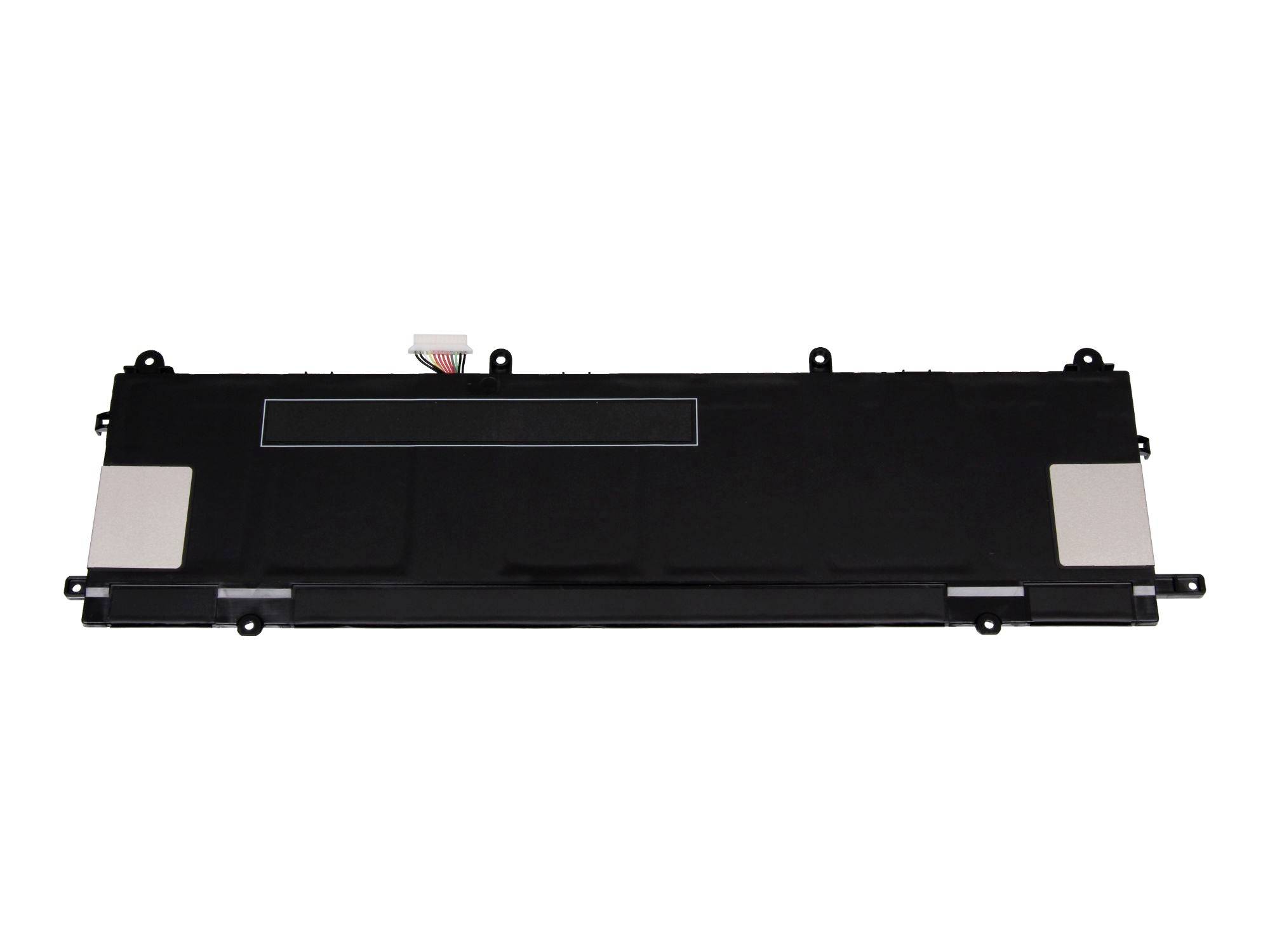 Schwarze rechteckige Laptop-Batterie mit Montagelaschen und einem Anschluss auf weißem Hintergrund.