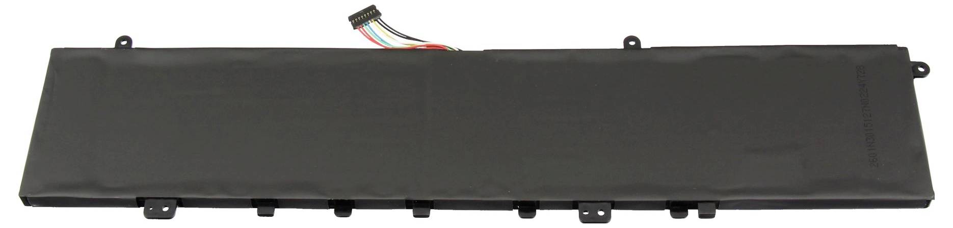 Lange schwarze rechteckige Batterieeinheit mit Montagelaschen und einem kurzen Kabelbaum, der sich von der oberen Kante erstreckt.
